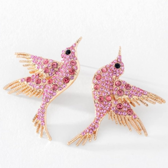 Pink Rhinestone Bird Earrings Hummingbird CZ Pave Crystal Gold Birds Post Style - Picture 5 of 10